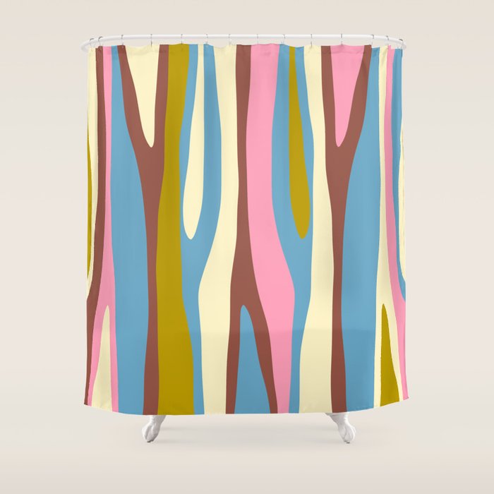 Abstract Eclectic Wild Stripes Pattern in Blue Pink Avocado Brown Shower Curtain Gallery Image 1