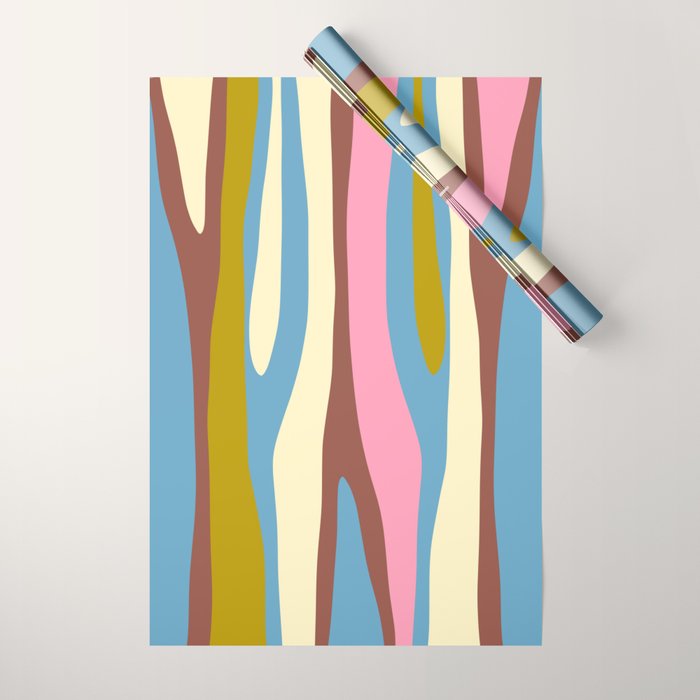 Abstract Eclectic Wild Stripes Pattern in Blue Pink Avocado Brown Wrapping Paper Gallery Image 1