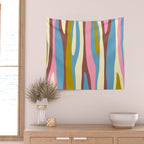 Abstract Eclectic Wild Stripes Pattern in Blue Pink Avocado Brown Wall Tapestry Gallery Image 2