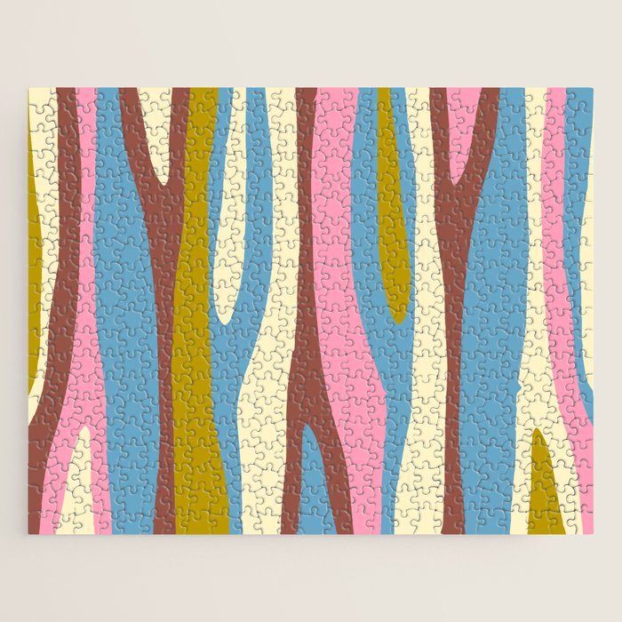 Abstract Eclectic Wild Stripes Pattern in Blue Pink Avocado Brown Jigsaw Puzzle Gallery Image 1