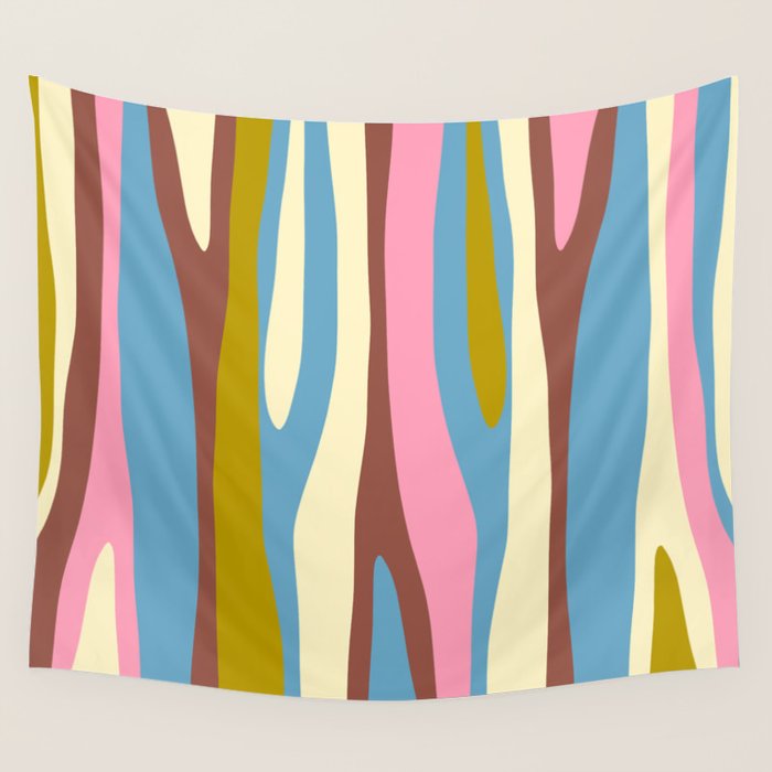 Abstract Eclectic Wild Stripes Pattern in Blue Pink Avocado Brown Wall Tapestry Gallery Image 4