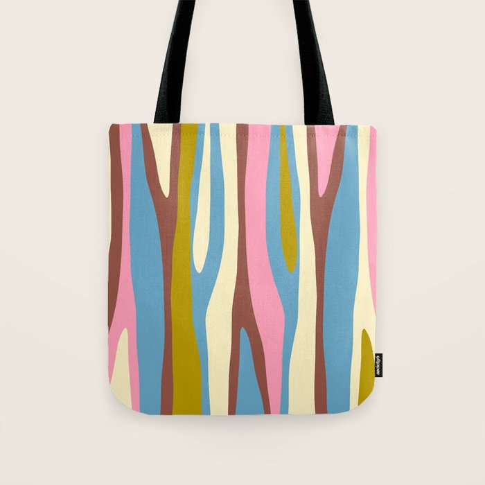 Abstract Eclectic Wild Stripes Pattern in Blue Pink Avocado Brown Tote Bag Gallery Image 1