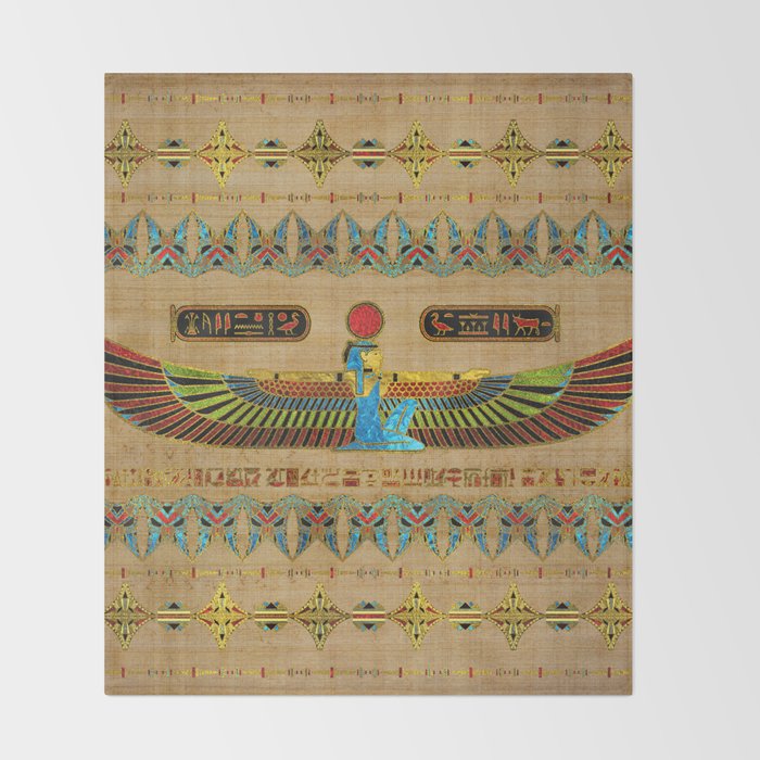 Egyptian Goddess Isis Ornament on papyrus Throw Blanket Gallery Image 2