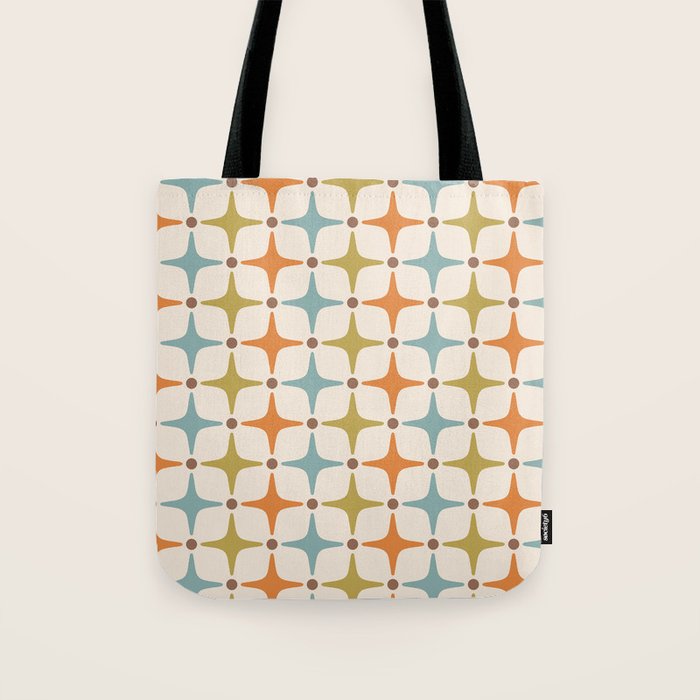 Mid Century Modern Star Pattern 817 Orange Brown Blue and Olive Green Tote Bag Gallery Image 1