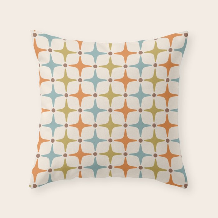 Mid Century Modern Star Pattern 817 Orange Brown Blue and Olive Green Throw Pillow Gallery Image 1