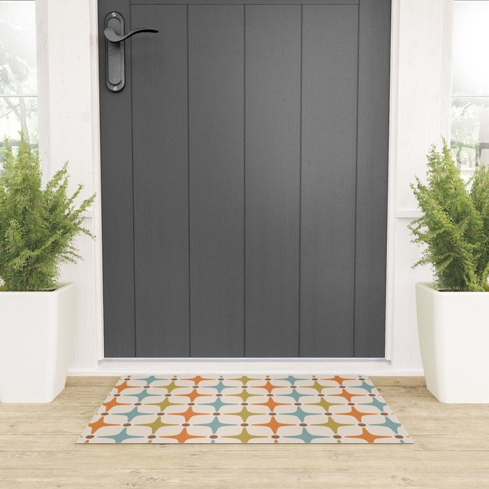 Mid Century Modern Star Pattern 817 Orange Brown Blue and Olive Green Welcome Mat Gallery Image 3