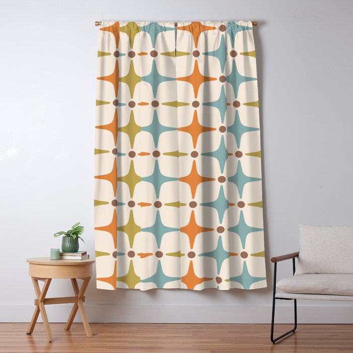 Mid Century Modern Star Pattern 817 Orange Brown Blue and Olive Green Window Curtain Gallery Image 5