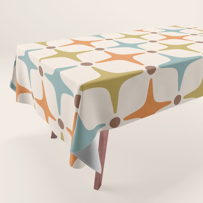 Mid Century Modern Star Pattern 817 Orange Brown Blue and Olive Green Tablecloth Gallery Image 1