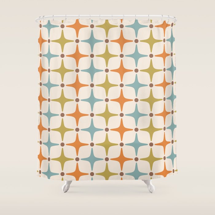 Mid Century Modern Star Pattern 817 Orange Brown Blue and Olive Green Shower Curtain Gallery Image 1