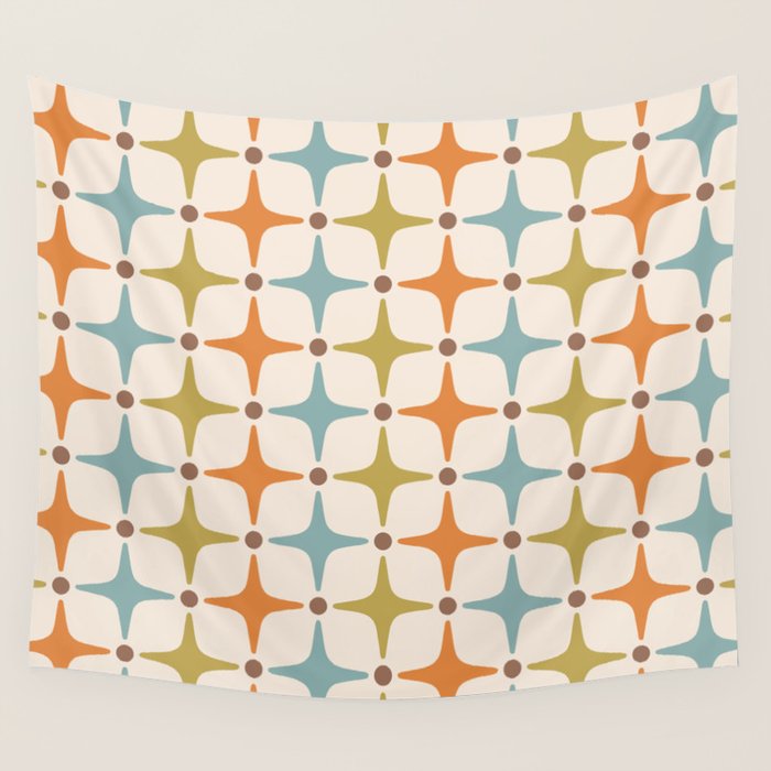 Mid Century Modern Star Pattern 817 Orange Brown Blue and Olive Green Wall Tapestry Gallery Image 4