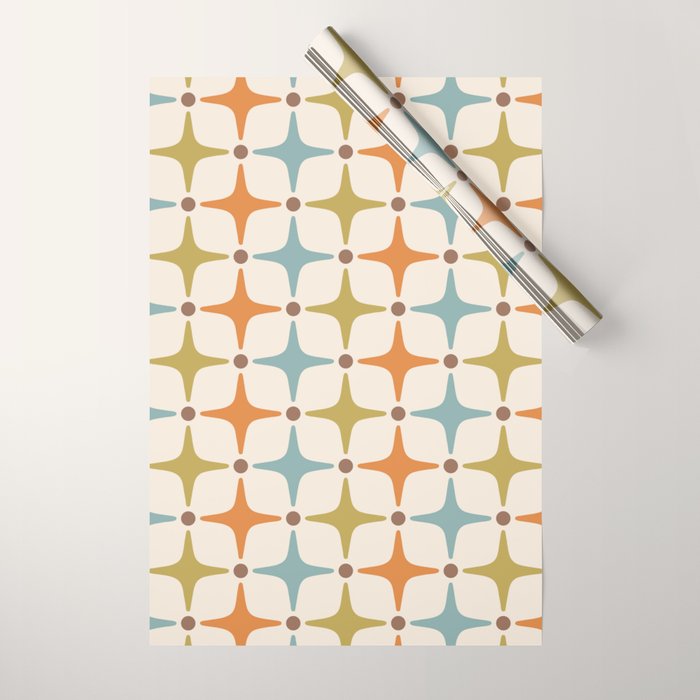 Mid Century Modern Star Pattern 817 Orange Brown Blue and Olive Green Wrapping Paper Gallery Image 1