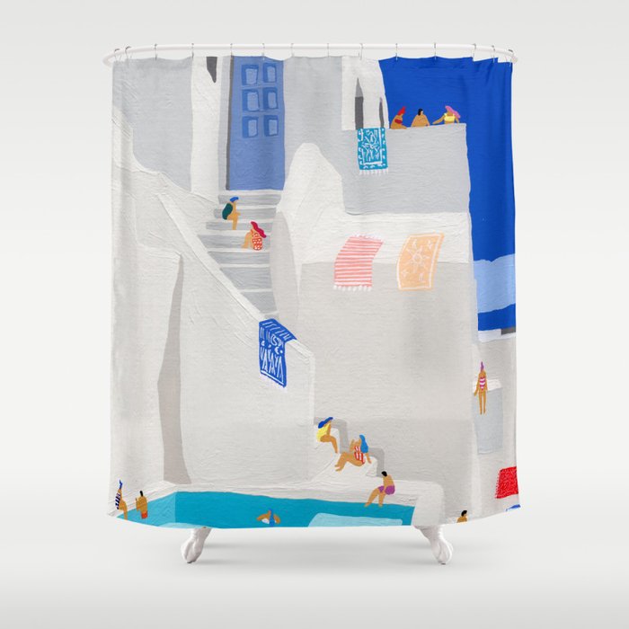 Santorini Greece swimming pool summer vacation Europe travel poster - "Santorini Sun" Shower Curtain Gallery Image 1