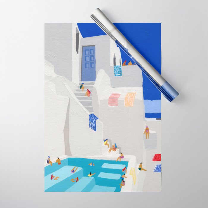 Santorini Greece swimming pool summer vacation Europe travel poster - "Santorini Sun" Wrapping Paper Gallery Image 1