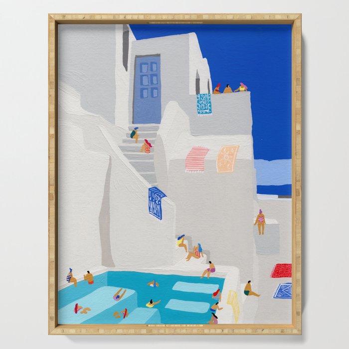 Santorini Greece swimming pool summer vacation Europe travel poster - "Santorini Sun" Serving Tray Gallery Image 1