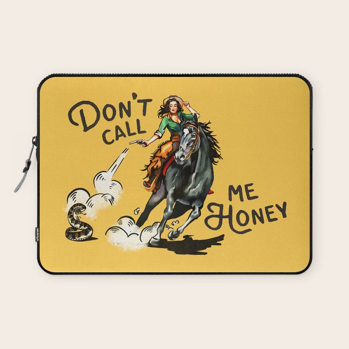 "Don't Call Me Honey" Cowgirl On Horseback Shooting a Rattlesnake Laptop Sleeve Gallery Image 1