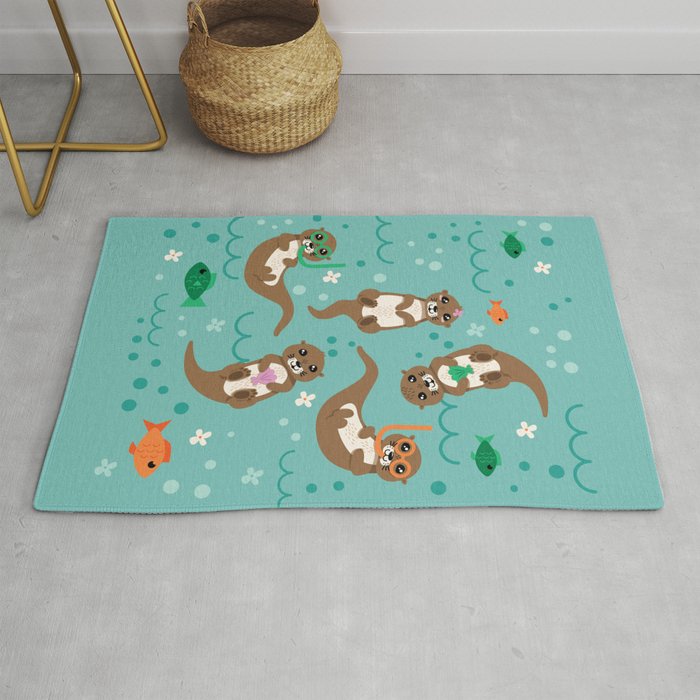 Kawaii Otters Playing Underwater Rug Gallery Image 1