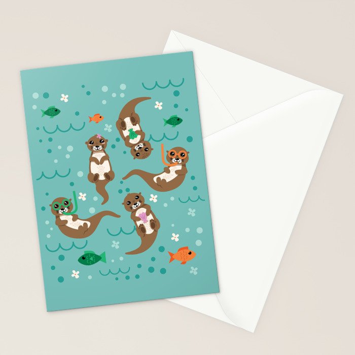Kawaii Otters Playing Underwater Stationery Card Gallery Image 2