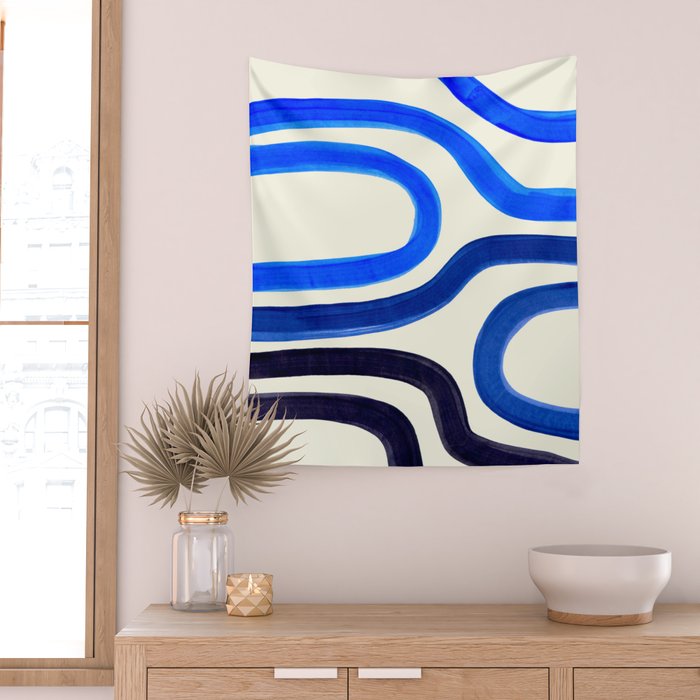 Electric Blues Fun Colorful Mid Century Modern Abstract Painting Shapes Pattern Wall Tapestry Gallery Image 2