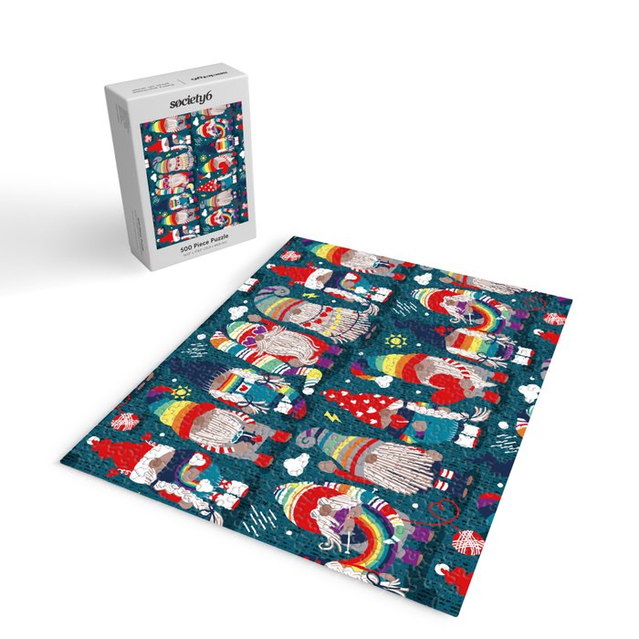 I gnome you // dark teal background little happy and lovely gnomes with rainbows vivid red hearts Jigsaw Puzzle Gallery Image 2