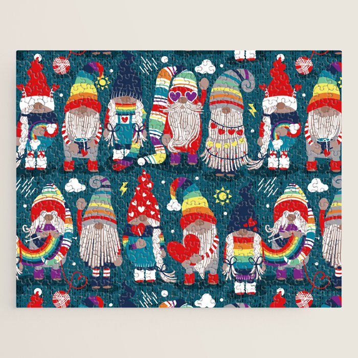 I gnome you // dark teal background little happy and lovely gnomes with rainbows vivid red hearts Jigsaw Puzzle Gallery Image 1