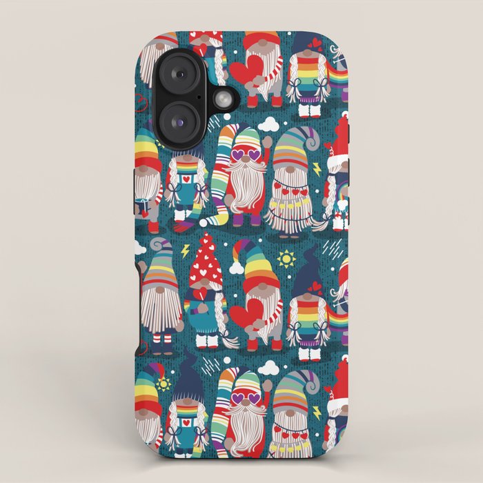 I gnome you // dark teal background little happy and lovely gnomes with rainbows vivid red hearts iPhone Case Gallery Image 1