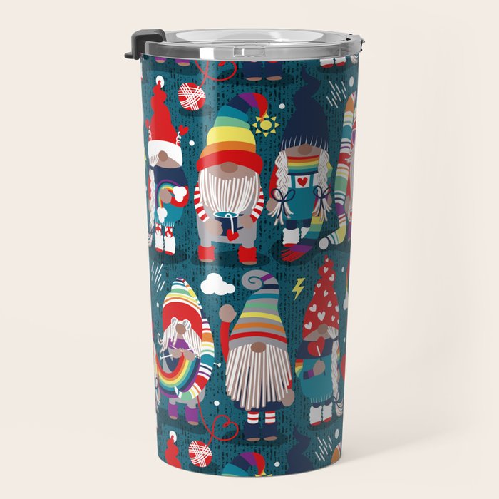 I gnome you // dark teal background little happy and lovely gnomes with rainbows vivid red hearts Travel Mug Gallery Image 3