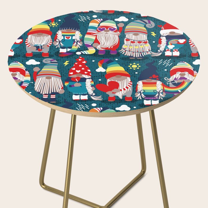 I gnome you // dark teal background little happy and lovely gnomes with rainbows vivid red hearts Side Table Gallery Image 2