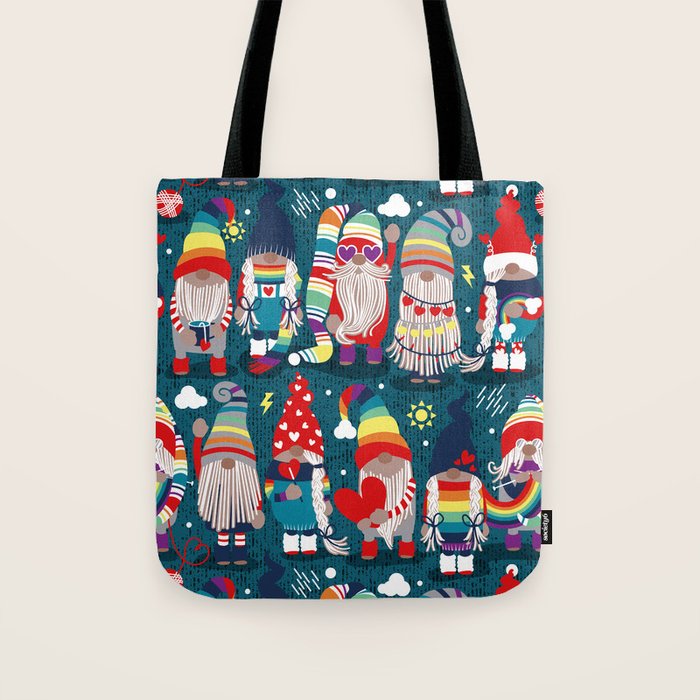 I gnome you // dark teal background little happy and lovely gnomes with rainbows vivid red hearts Tote Bag Gallery Image 1