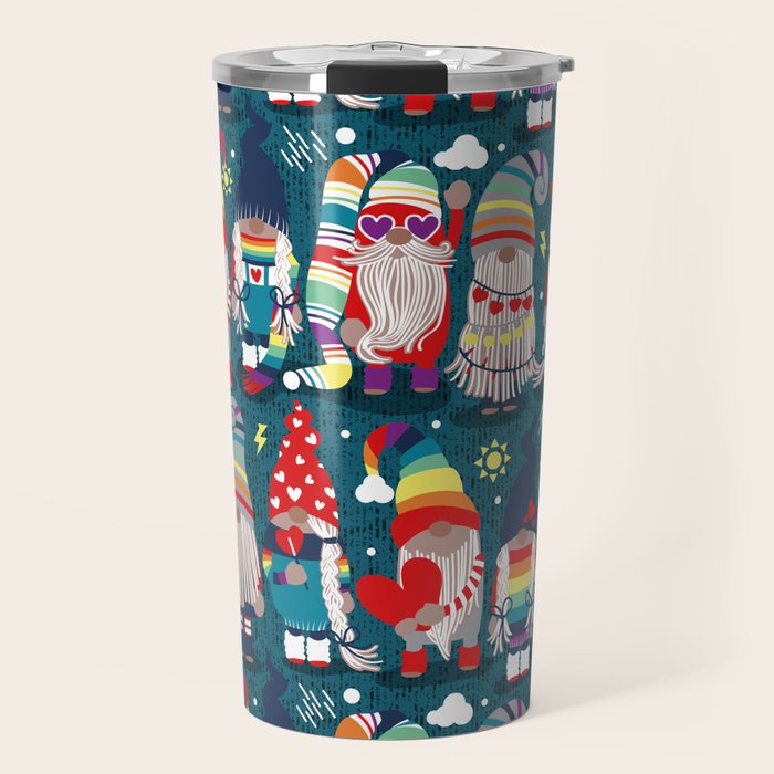 I gnome you // dark teal background little happy and lovely gnomes with rainbows vivid red hearts Travel Mug Gallery Image 1