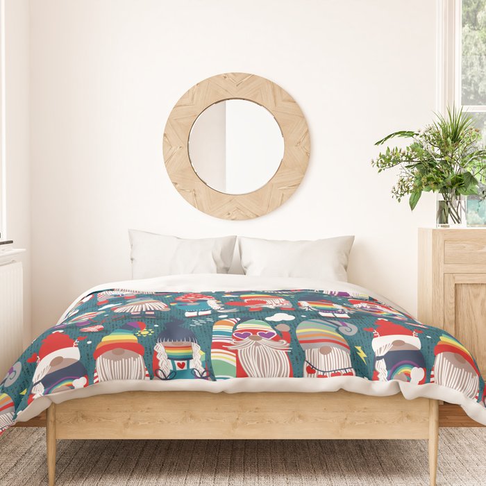 I gnome you // dark teal background little happy and lovely gnomes with rainbows vivid red hearts Duvet Cover Gallery Image 3