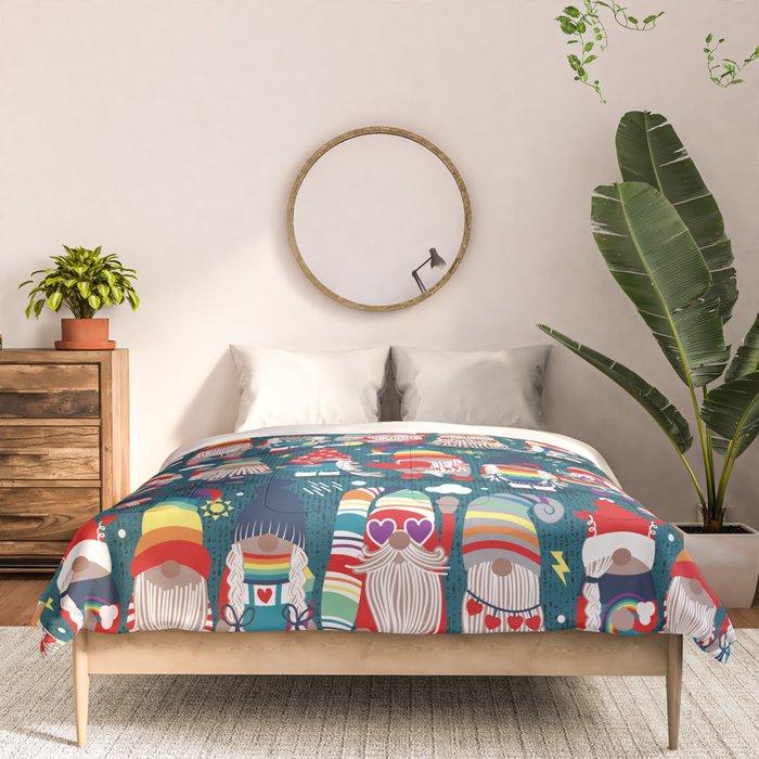 I gnome you // dark teal background little happy and lovely gnomes with rainbows vivid red hearts Comforter Gallery Image 3