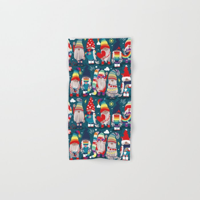 I gnome you // dark teal background little happy and lovely gnomes with rainbows vivid red hearts Bath Towel Gallery Image 1