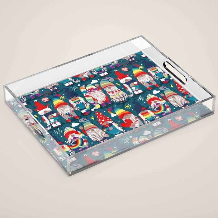 I gnome you // dark teal background little happy and lovely gnomes with rainbows vivid red hearts Acrylic Tray Gallery Image 1