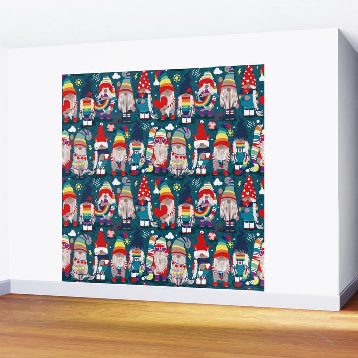 I gnome you // dark teal background little happy and lovely gnomes with rainbows vivid red hearts Wall Mural Gallery Image 2