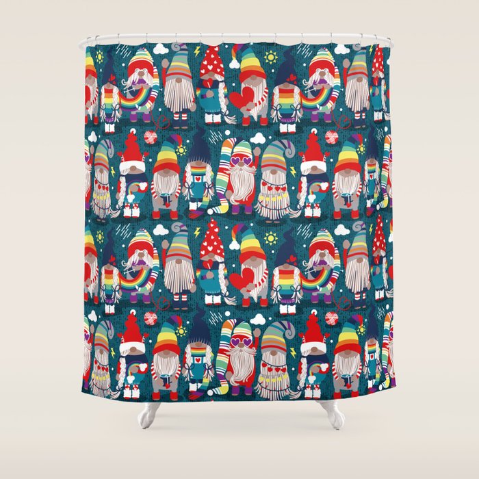 I gnome you // dark teal background little happy and lovely gnomes with rainbows vivid red hearts Shower Curtain Gallery Image 1