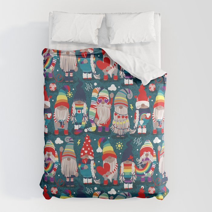 I gnome you // dark teal background little happy and lovely gnomes with rainbows vivid red hearts Duvet Cover Gallery Image 1