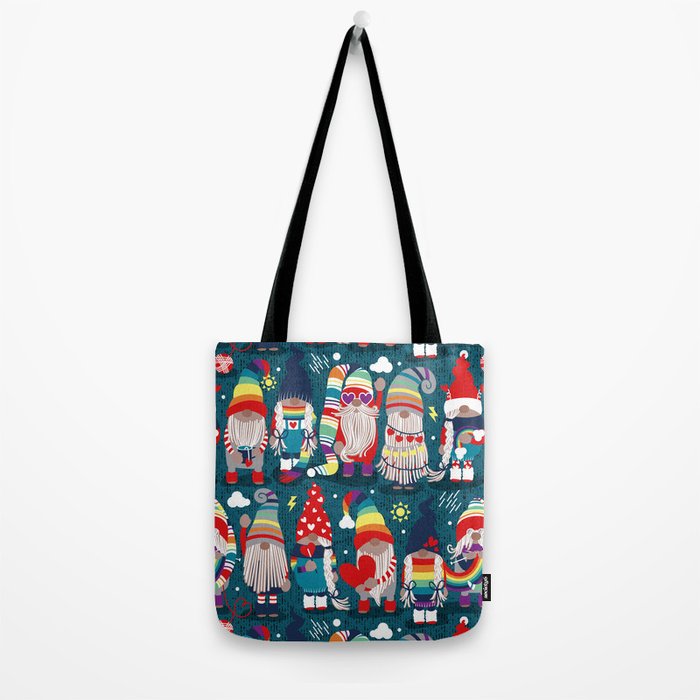 I gnome you // dark teal background little happy and lovely gnomes with rainbows vivid red hearts Tote Bag Gallery Image 2