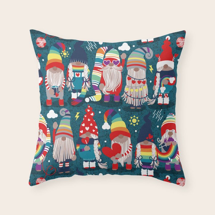 I gnome you // dark teal background little happy and lovely gnomes with rainbows vivid red hearts Throw Pillow Gallery Image 1