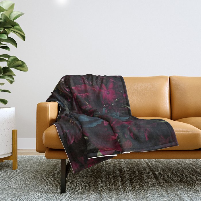 Vintage Black Dramatic Glamour Autumn Romanticism: Maximalism Moody Florals - Grand Millennial Burgundy And Teal Peonies Bouquets,  Nostalgic Gothic Mystic Night Flowers Throw Blanket Gallery Image 1