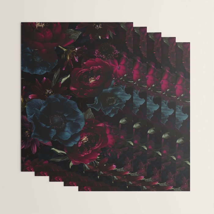Vintage Black Dramatic Glamour Autumn Romanticism: Maximalism Moody Florals - Grand Millennial Burgundy And Teal Peonies Bouquets,  Nostalgic Gothic Mystic Night Flowers Wrapping Paper Gallery Image 3