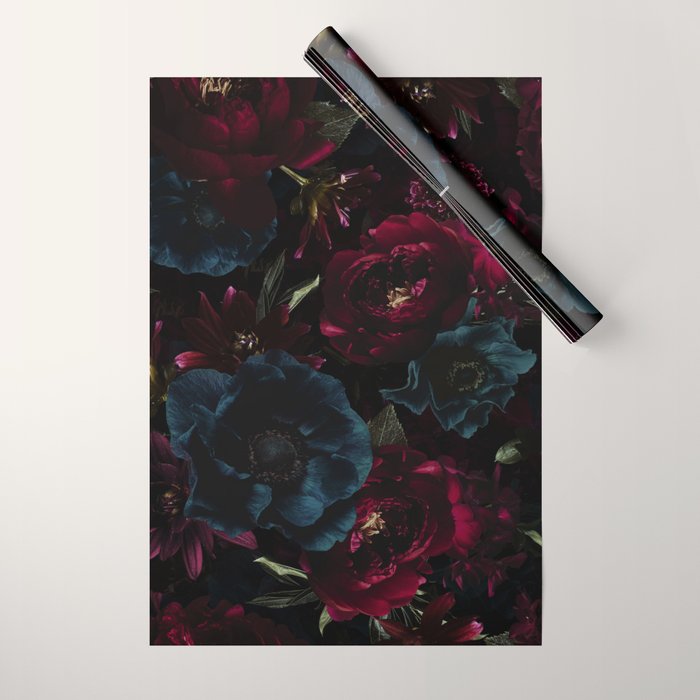 Vintage Black Dramatic Glamour Autumn Romanticism: Maximalism Moody Florals - Grand Millennial Burgundy And Teal Peonies Bouquets,  Nostalgic Gothic Mystic Night Flowers Wrapping Paper Gallery Image 1