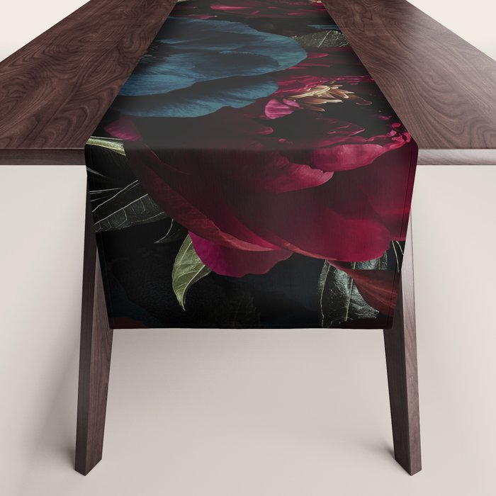 Vintage Black Dramatic Glamour Autumn Romanticism: Maximalism Moody Florals - Grand Millennial Burgundy And Teal Peonies Bouquets,  Nostalgic Gothic Mystic Night Flowers Table Runner Gallery Image 1