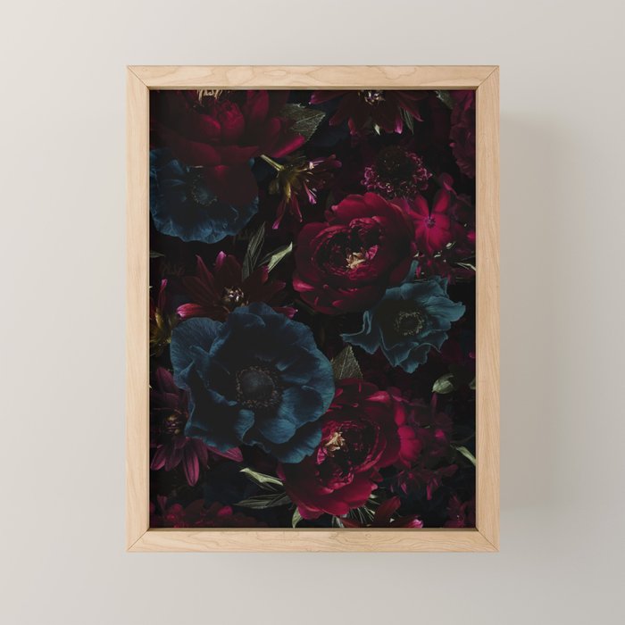 Vintage Black Dramatic Glamour Autumn Romanticism: Maximalism Moody Florals - Grand Millennial Burgundy And Teal Peonies Bouquets,  Nostalgic Gothic Mystic Night Flowers Mini Art Print Gallery Image 1
