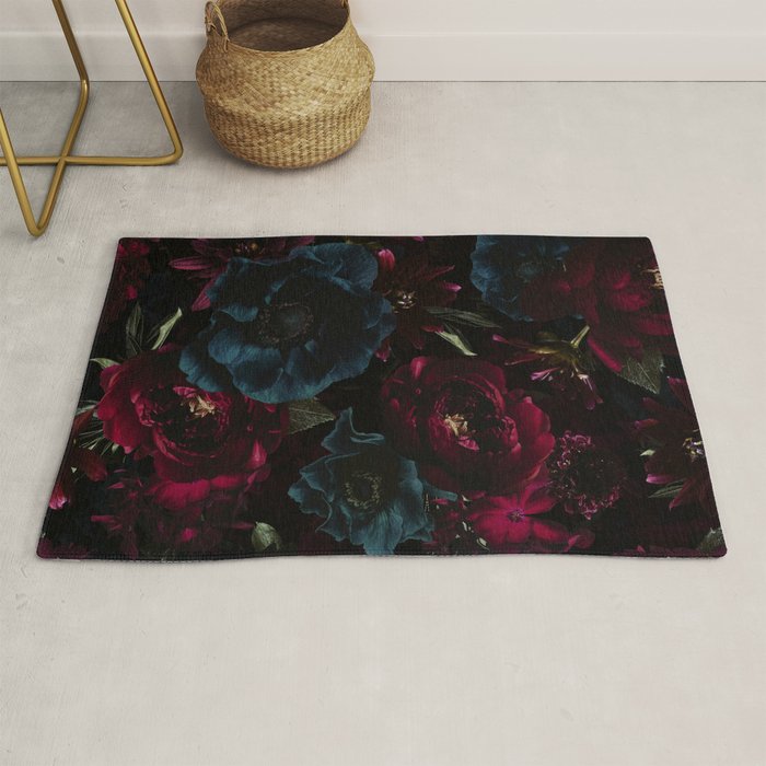Vintage Black Dramatic Glamour Autumn Romanticism: Maximalism Moody Florals - Grand Millennial Burgundy And Teal Peonies Bouquets,  Nostalgic Gothic Mystic Night Flowers Rug Gallery Image 1