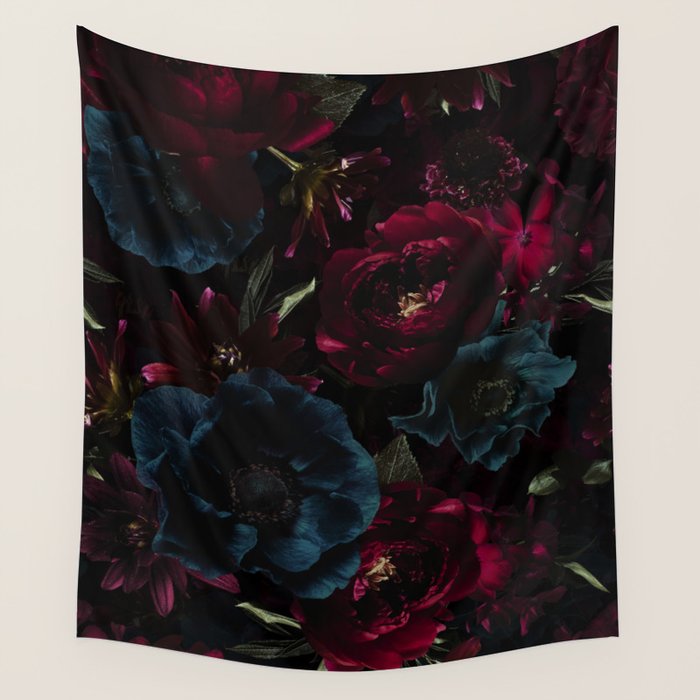Vintage Black Dramatic Glamour Autumn Romanticism: Maximalism Moody Florals - Grand Millennial Burgundy And Teal Peonies Bouquets,  Nostalgic Gothic Mystic Night Flowers Wall Tapestry Gallery Image 1