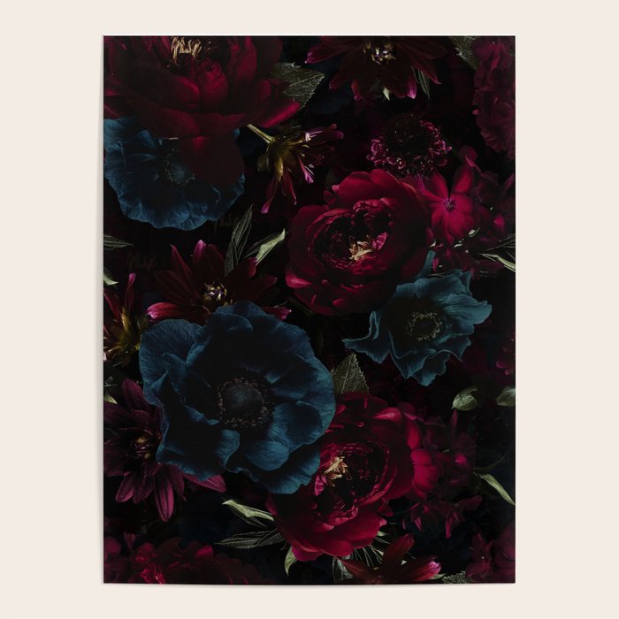 Vintage Black Dramatic Glamour Autumn Romanticism: Maximalism Moody Florals - Grand Millennial Burgundy And Teal Peonies Bouquets,  Nostalgic Gothic Mystic Night Flowers Poster Gallery Image 1