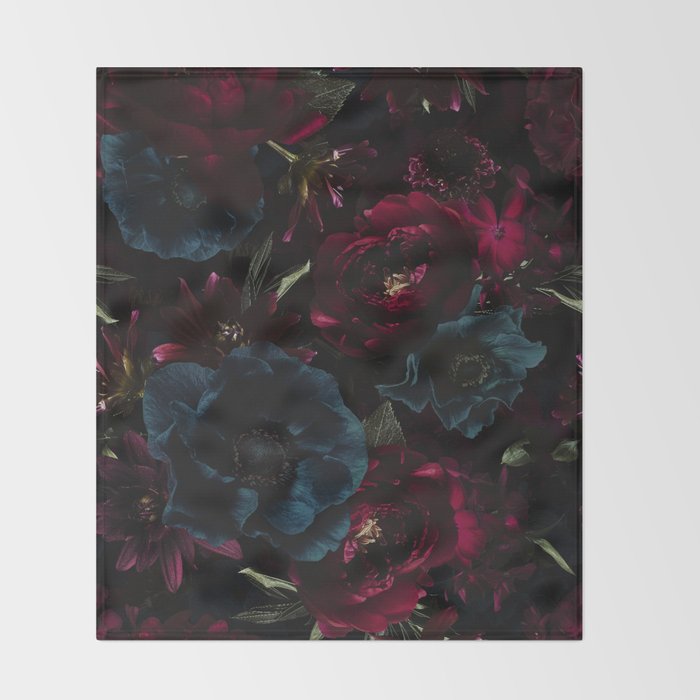 Vintage Black Dramatic Glamour Autumn Romanticism: Maximalism Moody Florals - Grand Millennial Burgundy And Teal Peonies Bouquets,  Nostalgic Gothic Mystic Night Flowers Throw Blanket Gallery Image 2