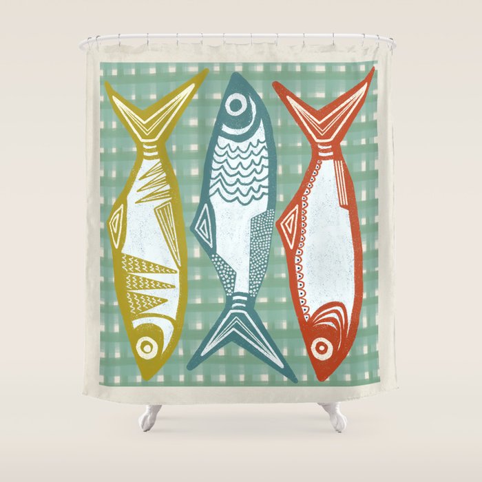 Sardines On Blue - Modern Art Print Shower Curtain Gallery Image 1