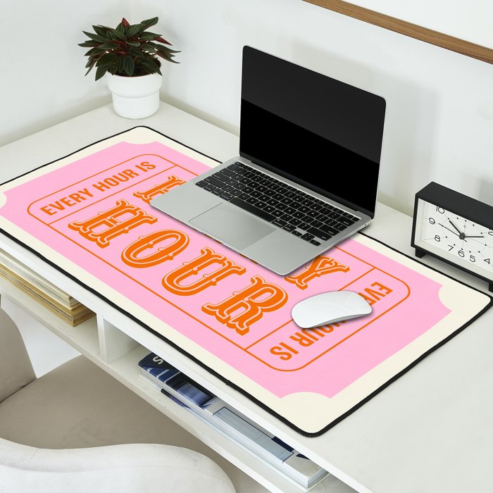 Every Hour Is Happy Hour, Pink Retro Bar Ticket Desk Mat Gallery Image 2