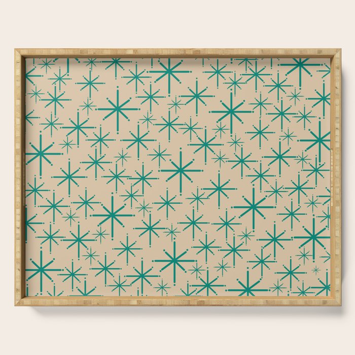 Stella 2 - Atomic Age Starbursts - Midcentury Modern Pattern in Turquoise Teal and Mid Mod Beige Serving Tray Gallery Image 1
